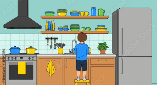 Independent little boy washing dishes at the sink, modern flat vector promoting good habits and responsible daily home routine