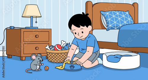 Independent little boy cleaning pet area at home, modern flat vector promoting good habits and caring attitude
