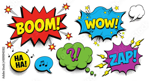 Comic book speech bubbles with boom wow zap