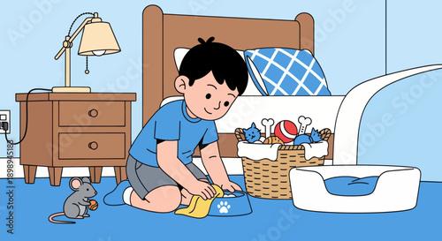 Independent little boy cleaning pet area at home, modern flat vector promoting good habits and caring attitude

