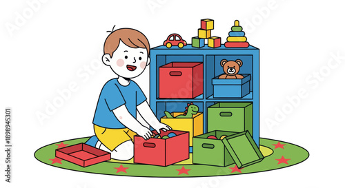 Independent little boy sorting toys into boxes, modern flat vector showing good habits, organization skills, and tidy playroom routine