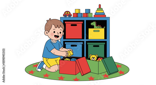 Independent little boy sorting toys into boxes, modern flat vector showing good habits, organization skills, and tidy playroom routine
