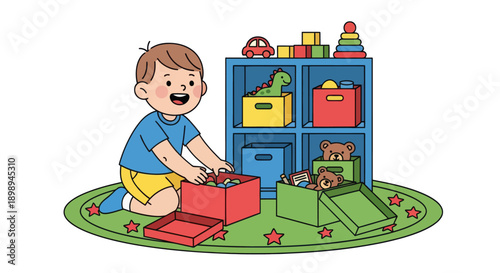 Independent little boy sorting toys into boxes, modern flat vector showing good habits, organization skills, and tidy playroom routine