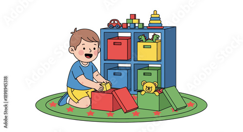 Independent little boy sorting toys into boxes, modern flat vector showing good habits, organization skills, and tidy playroom routine