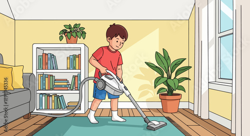 Independent little boy vacuuming the carpet at home, modern flat vector promoting good habits and self-discipline in daily chores