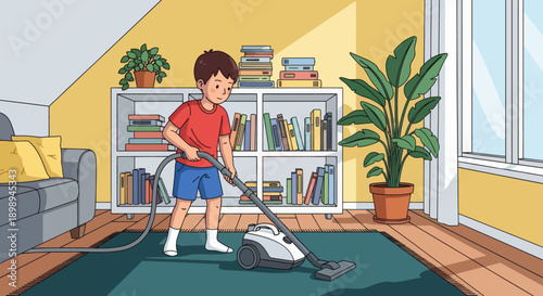 Independent little boy vacuuming the carpet at home, modern flat vector promoting good habits and self-discipline in daily chores