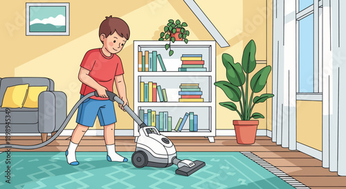 Independent little boy vacuuming the carpet at home, modern flat vector promoting good habits and self-discipline in daily chores