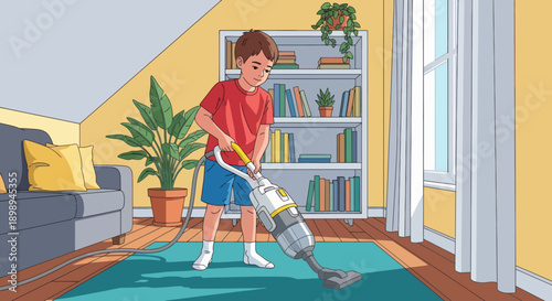 Independent little boy vacuuming the carpet at home, modern flat vector promoting good habits and self-discipline in daily chores