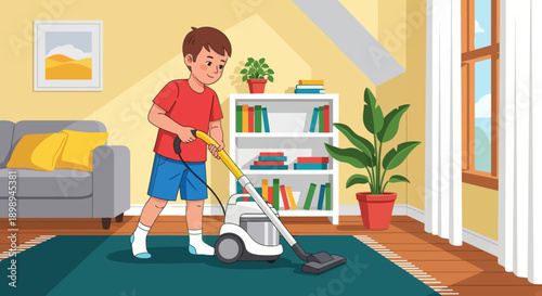 Independent little boy vacuuming the carpet at home, modern flat vector promoting good habits and self-discipline in daily chores