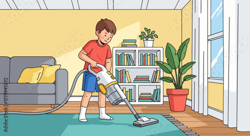 Independent little boy vacuuming the carpet at home, modern flat vector promoting good habits and self-discipline in daily chores