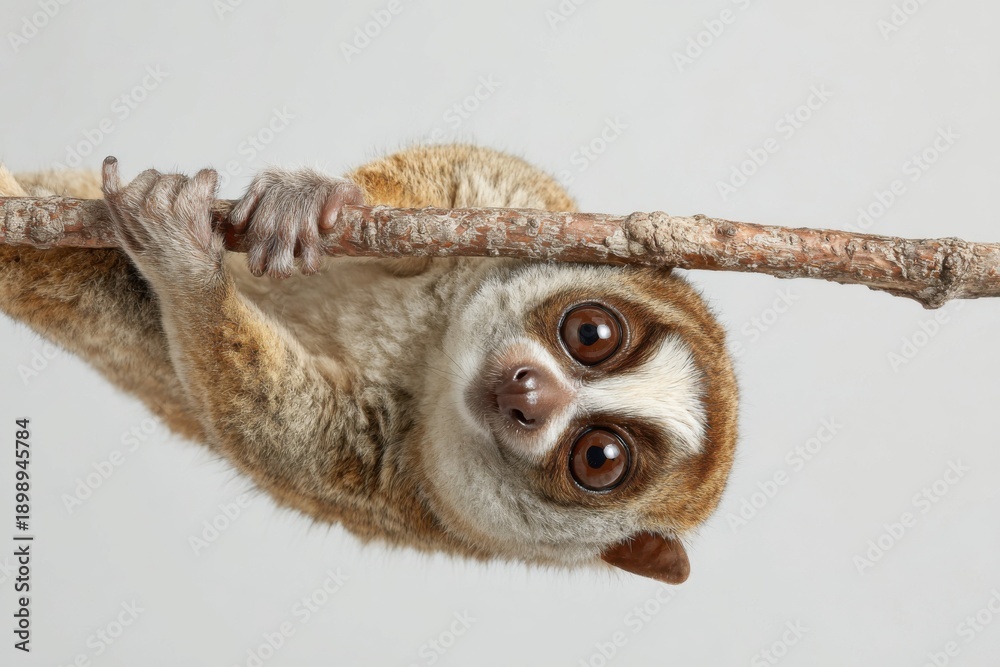 Obraz premium Slow Loris Hanging Upside Down Gripping Tree Branch