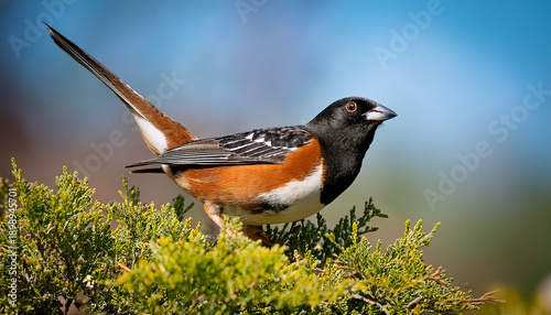 Closeup Of Spotted Towhee On A Bush
