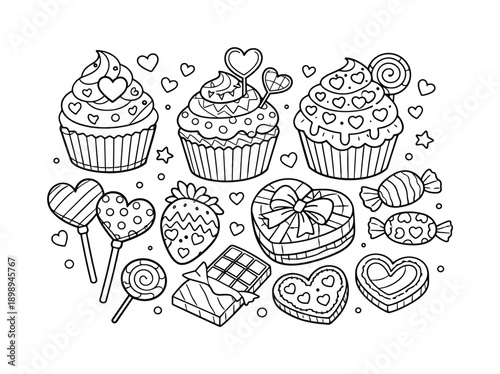 Valentine's day linear icon set. featuring cupcake, lollipop, candy, heart, and chocolate symbols