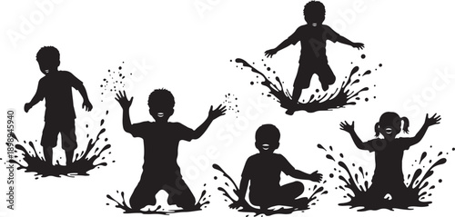 Silhouettes of happy children playing and splashing in puddles, capturing the fun of rainy day outdoor play.