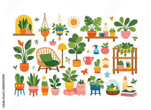 Home gardening flat icon set. featuring plants, pots, gardening tools, lamp, cat, and books