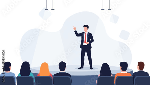 Businessman presenting on stage to audience, business meeting, conference, public speaking