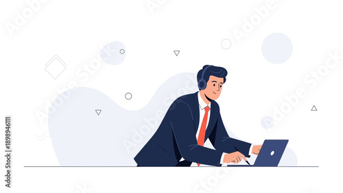 Businessman working on laptop with headset, customer support concept