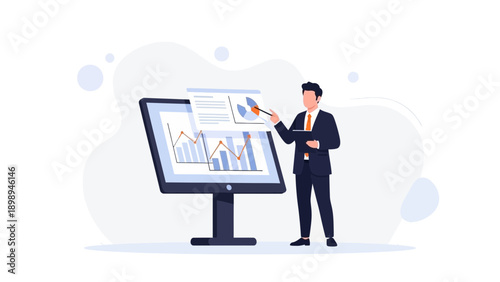Businessman pointing at financial charts on computer screen, business analytics concept