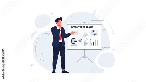 Businessman presenting long term plans on whiteboard with charts and graphs