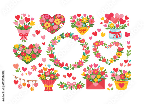 Valentine's day flat icons set. featuring bouquet, heart, wreath, envelope, and garland symbols