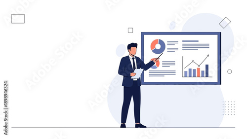 Businessman presenting financial report with charts on a whiteboard