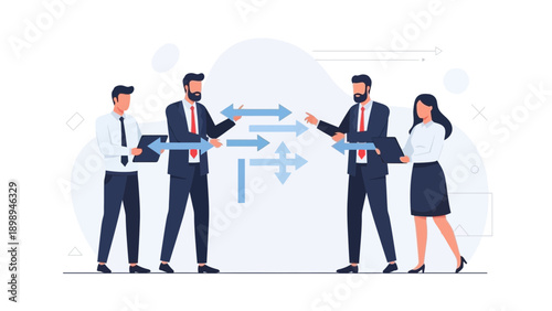 Businessmen Exchanging Ideas with Arrows, Teamwork and Collaboration Concept