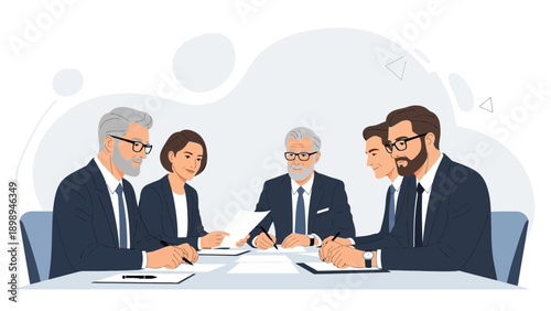 Business meeting with diverse team discussing documents at table, flat illustration