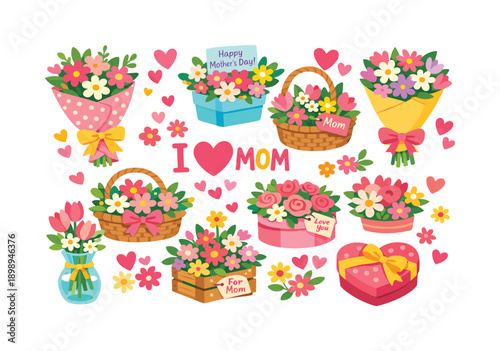 Mother's day flat icon set. featuring floral bouquets, baskets, gifts, hearts, and cards