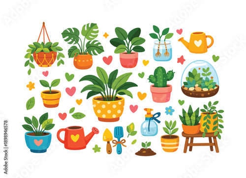 Gardening supplies flat icon set. featuring plants, pots, watering can, trowel, cactus, and terrarium