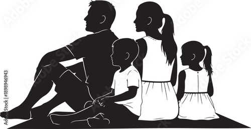 Family silhouette with parents and two children sitting together, black and white illustration representing togetherness and unity.