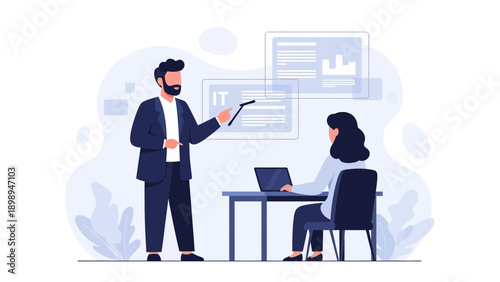 IT Training Session: Instructor Explains Data to Student with Laptop