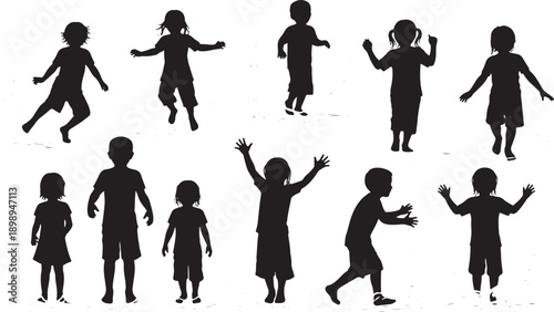 Collection of diverse children's silhouettes in various active poses, representing childhood energy and playfulness.