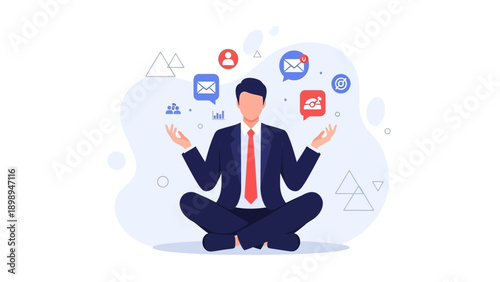 Businessman meditating with digital notifications, achieving work-life balance and focus