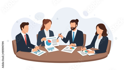 Business Meeting: Diverse Team Analyzing Financial Reports and Charts