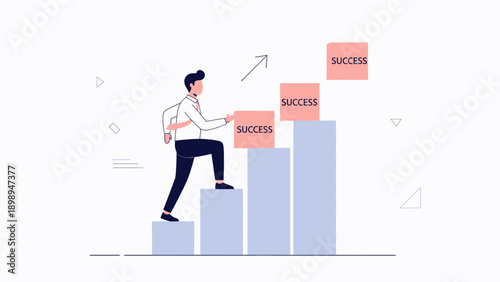 Businessman climbing stairs with success blocks, career growth, business concept