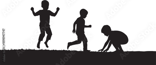 Three children silhouetted playing in the grass, jumping and digging, joyful childhood moment, isolated illustration