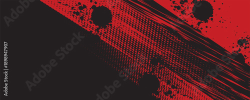 Black and red abstract background with brushstroke and halftone style.