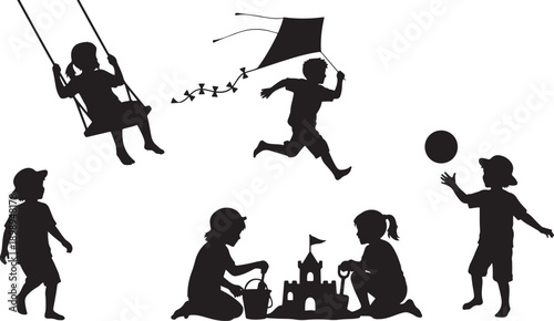 Children silhouetted playing at the beach with kite and sandcastle, diverse activities, summer fun, isolated illustration