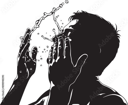 Silhouette of a man splashing water on his face to refresh himself, conveying a feeling of rejuvenation and relief.