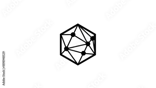 A geometric diagram of a polyhedron, which appears to be an icosahedron. And Design of a network of connected dots.