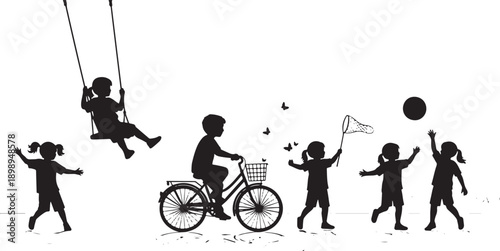 Silhouettes of children enjoying various summer activities: swinging, riding a bike, catching butterflies, and playing ball.