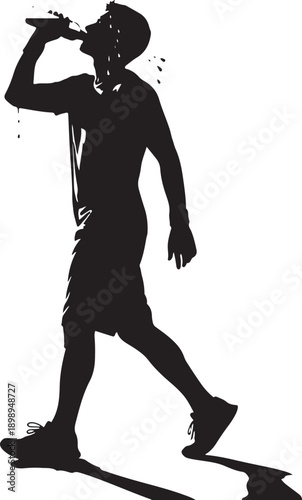 Silhouette of a man drinking from a bottle, sweating, and walking, suggesting intense exercise, hydration, or recovery.