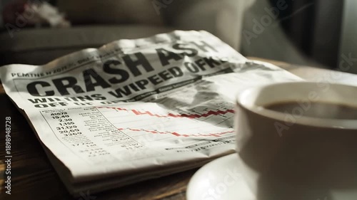 Financial crisis concept - crumpled newspaper with a stock market crash headline lies next to a coffee cup on a wooden table in moody lighting