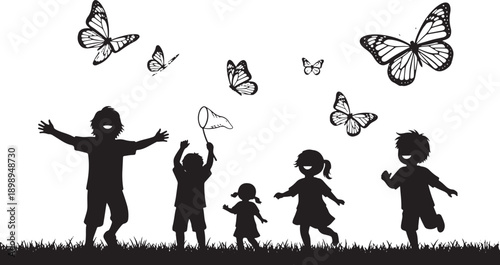 Silhouette of children and butterflies in a meadow, a joyful scene of summer freedom and nature's beauty.