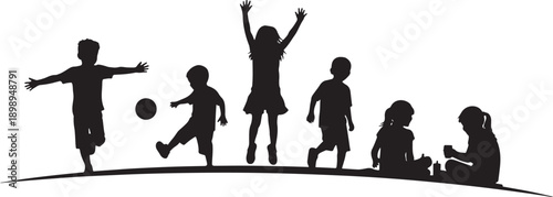 Silhouette of diverse children playing and running on a grassy hill, showing active and happy childhood moments.