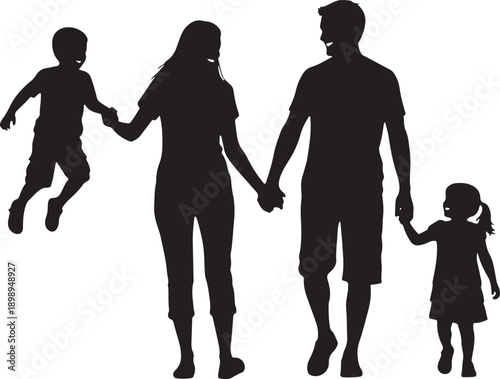 A joyful family silhouette, with parents holding hands and children playing, one child jumping, embodying happiness and active family life.