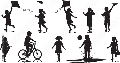 Collection of child silhouettes engaged in various summer activities: flying kites, riding a bike, playing with a ball, and jumping in puddles.
