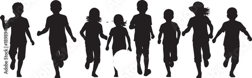 Silhouettes of multiple children running energetically across a landscape, depicting movement, playfulness, and vibrant childhood energy.