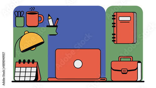 Workspace Essentials Illustration: A creatively illustrated workspace, complete with a laptop, stationery, a calendar, and a coffee mug, perfectly encapsulates a productive environment.