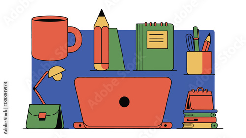 Workspace Essentials: An illustration showcasing essential items for a functional and creative workspace, from a laptop and stationery to a coffee cup. 
